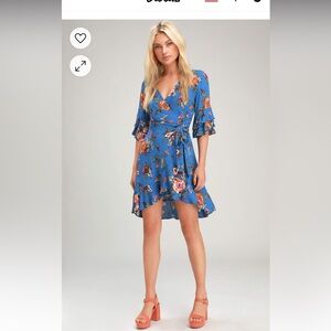 Lulus Tanzania Blue Floral Print Wrap Dress